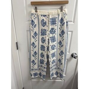 Zara Womens Blue Embroidered Linen Blend Crop Wide Leg Pants White Floral Small